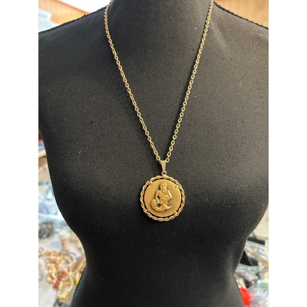 Vintage Anson Pewter‎ Gold-tone Aquarius Zodiac 24" Necklace